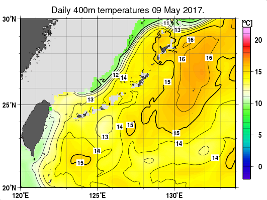 沖縄周辺海域の深さ400mの水温分布図（5月9日）