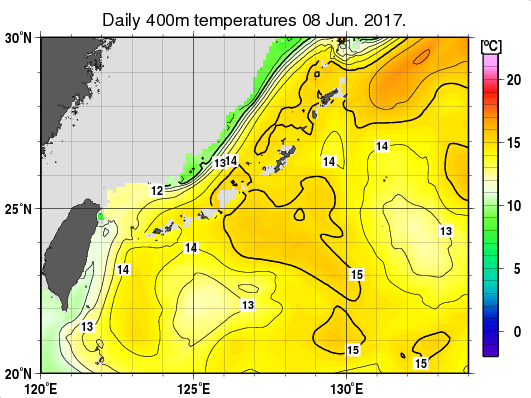 沖縄周辺海域の深さ400mの水温分布図（6月8日）