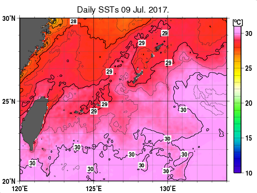 沖縄周辺海域の海面水温分布図（7月9日）