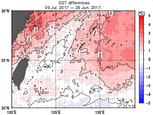 沖縄周辺海域の10日間の海面水温変化量分布図（7月9日）