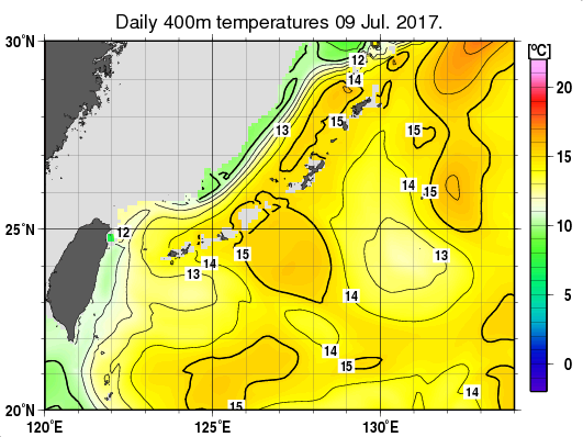 沖縄周辺海域の深さ400mの水温分布図（7月9日）