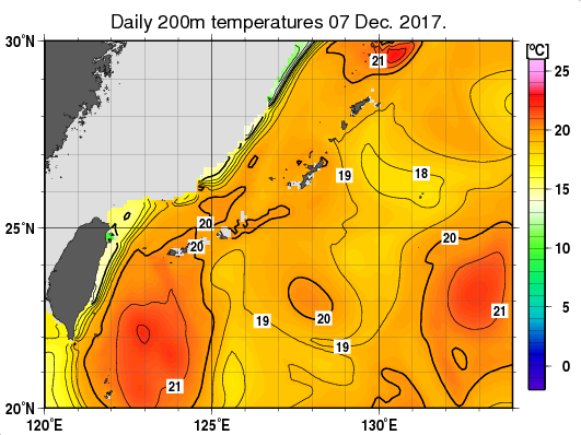 沖縄周辺海域の深さ200mの水温分布図（12月7日）