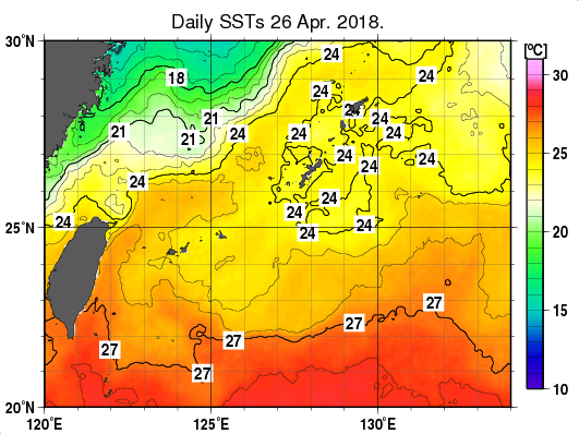 沖縄周辺海域の海面水温分布図（4月26日）