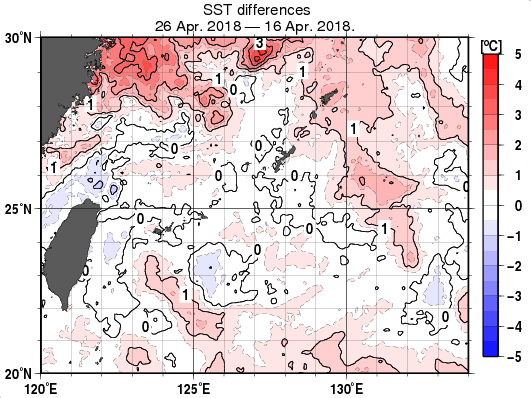 沖縄周辺海域の10日間の海面水温変化量分布図（4月26日）