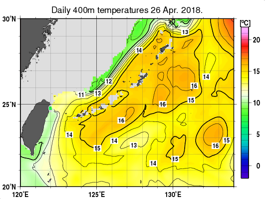 沖縄周辺海域の深さ400mの水温分布図（4月26日）