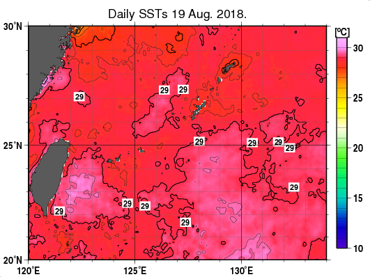 沖縄周辺海域の海面水温分布図（8月19日）