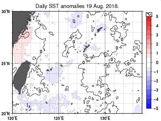 沖縄周辺海域の海面水温平年差分布図（8月19日）