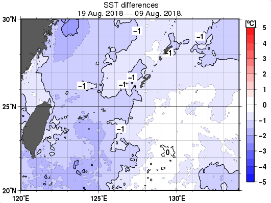 沖縄周辺海域の10日間の海面水温変化量分布図（8月19日）