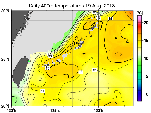 沖縄周辺海域の深さ400mの水温分布図（8月19日）