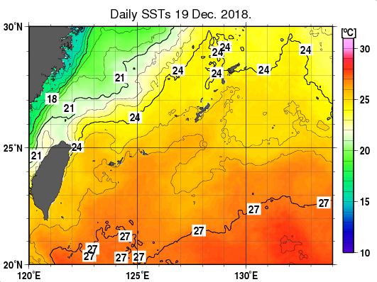 沖縄周辺海域の海面水温分布図（12月19日）