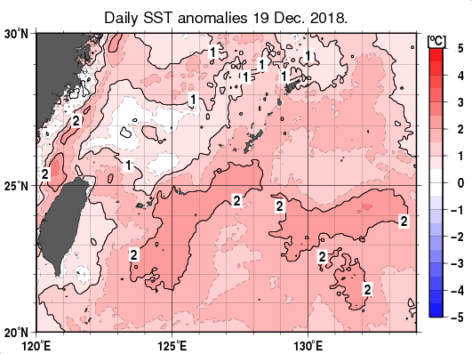 沖縄周辺海域の海面水温平年差分布図（12月19日）