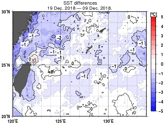 沖縄周辺海域の10日間の海面水温変化量分布図（12月19日）