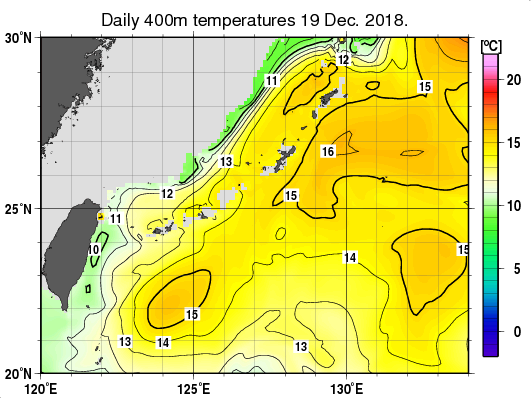 沖縄周辺海域の深さ400mの水温分布図（12月19日）