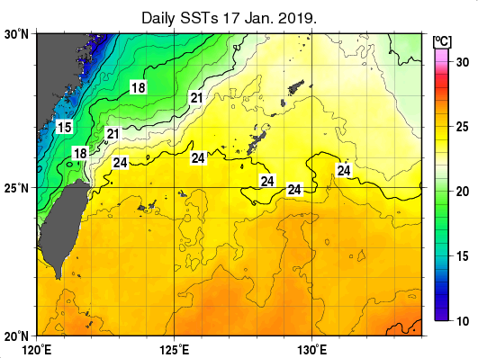 沖縄周辺海域の海面水温分布図（1月17日）