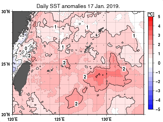 沖縄周辺海域の海面水温平年差分布図（1月17日）