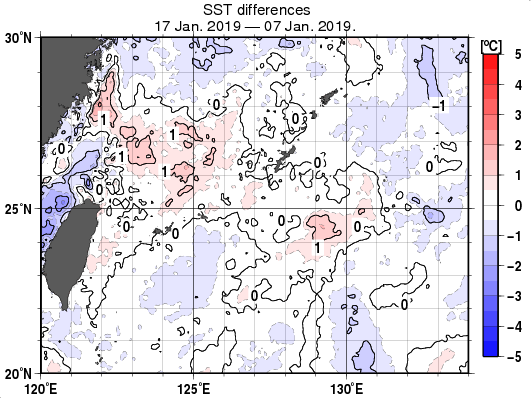 沖縄周辺海域の10日間の海面水温変化量分布図（1月17日）