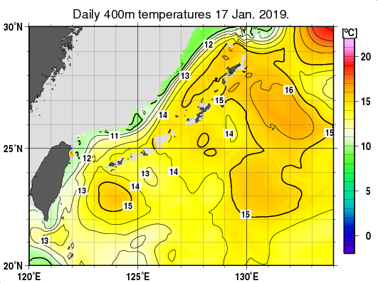 沖縄周辺海域の深さ400mの水温分布図（1月17日）