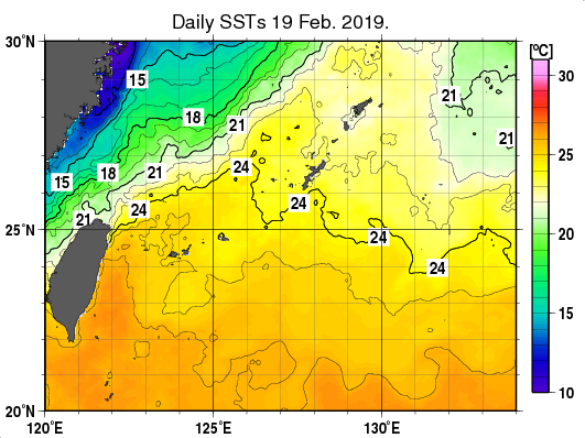 沖縄周辺海域の海面水温分布図（2月19日）