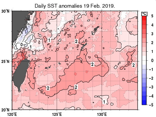 沖縄周辺海域の海面水温平年差分布図（2月19日）