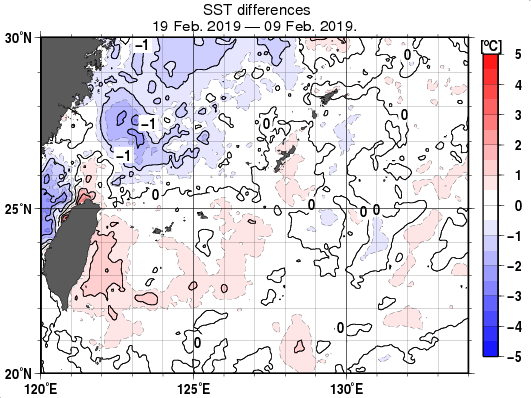 沖縄周辺海域の10日間の海面水温変化量分布図（2月19日）