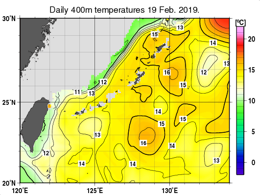 沖縄周辺海域の深さ400mの水温分布図（2月19日）