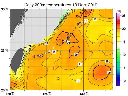 沖縄周辺海域の深さ200mの水温分布図（12月19日）