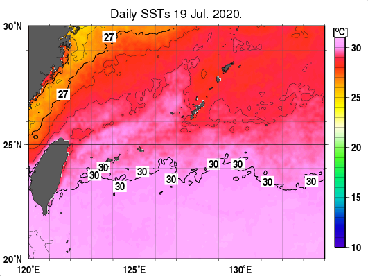 沖縄周辺海域の海面水温分布図（7月19日）