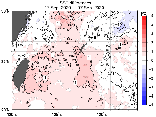 沖縄周辺海域の10日間の海面水温変化量分布図（9月17日）