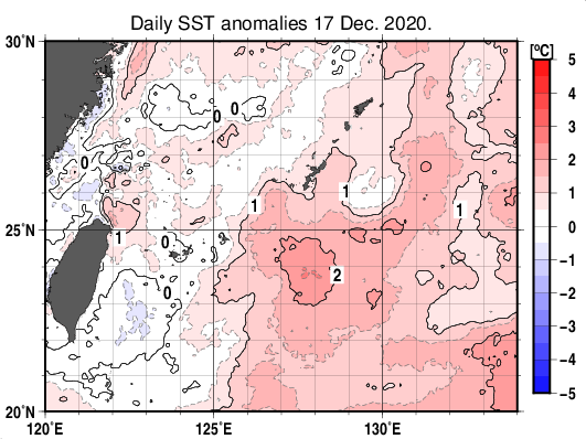 沖縄周辺海域の海面水温平年差分布図（12月17日）