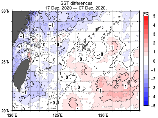 沖縄周辺海域の10日間の海面水温変化量分布図（12月17日）