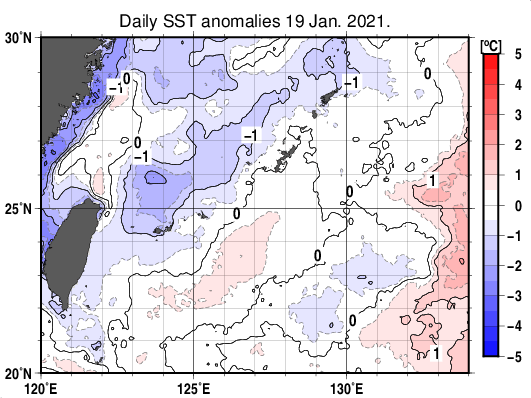 沖縄周辺海域の海面水温平年差分布図（1月19日）