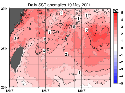 沖縄周辺海域の海面水温平年差分布図（5月19日）