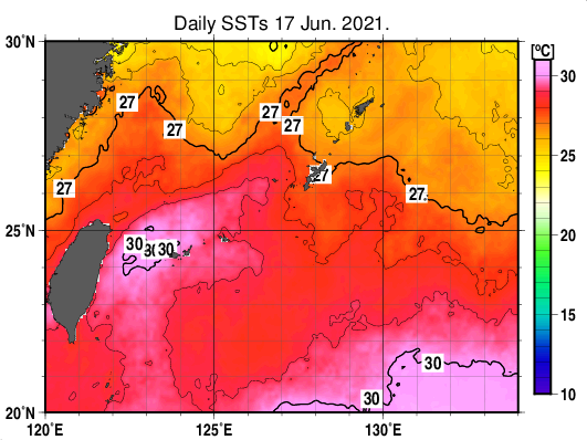 沖縄周辺海域の海面水温分布図（6月17日）