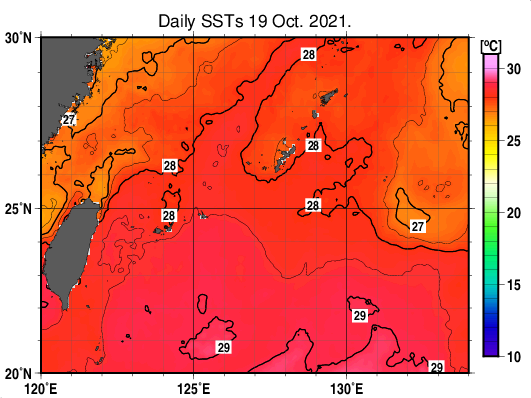 沖縄周辺海域の海面水温分布図（10月19日）