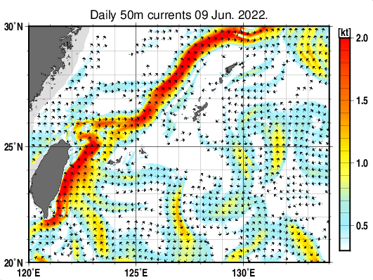 沖縄周辺海域の深さ50mの海流分布図（6月9日）