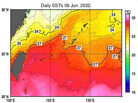 沖縄周辺海域の海面水温分布図（6月9日）