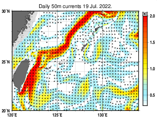 沖縄周辺海域の深さ50mの海流分布図（7月19日）