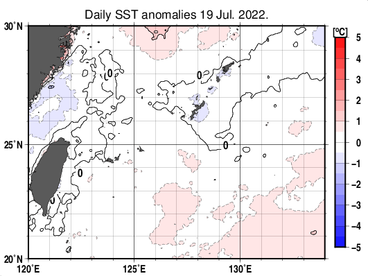 沖縄周辺海域の海面水温平年差分布図（7月19日）