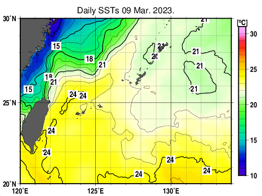 沖縄周辺海域の海面水温分布図（3月9日）