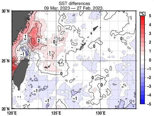 沖縄周辺海域の10日間の海面水温変化量分布図（3月9日）