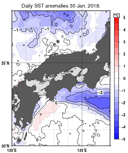 近畿・中国・四国周辺海域の海面水温平年差分布図（1月30日）