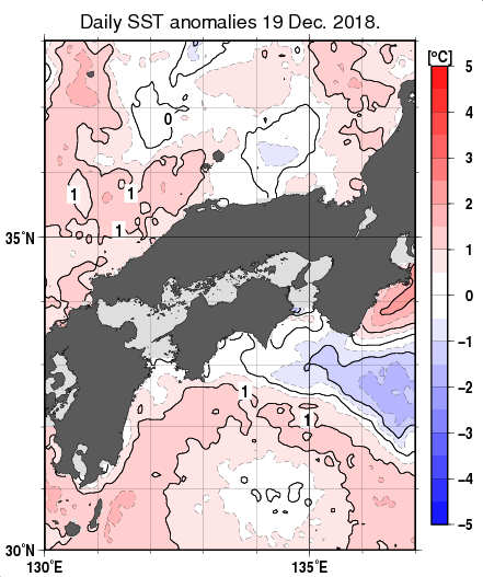 近畿・中国・四国周辺海域の海面水温平年差分布図（12月19日）