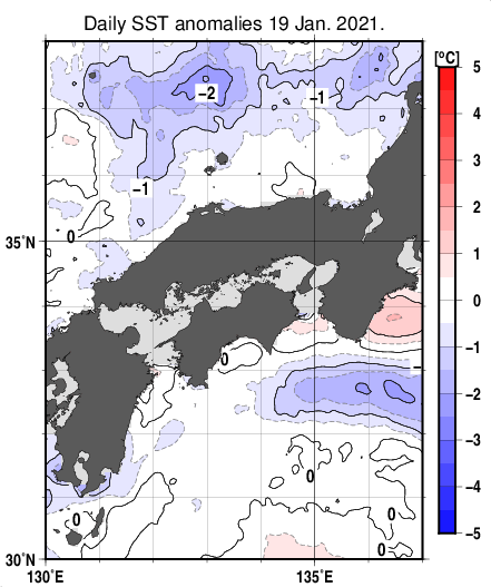 近畿・中国・四国周辺海域の海面水温平年差分布図（1月19日）