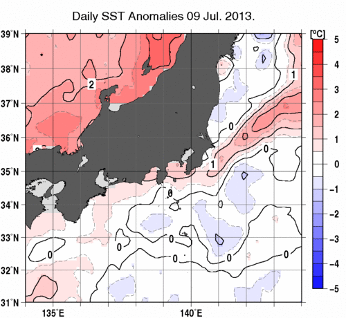 関東・東海・北陸周辺海域の海面水温偏差分布図（7月9日）