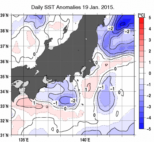 関東・東海・北陸周辺海域の海面水温平年差分布図（1月19日）