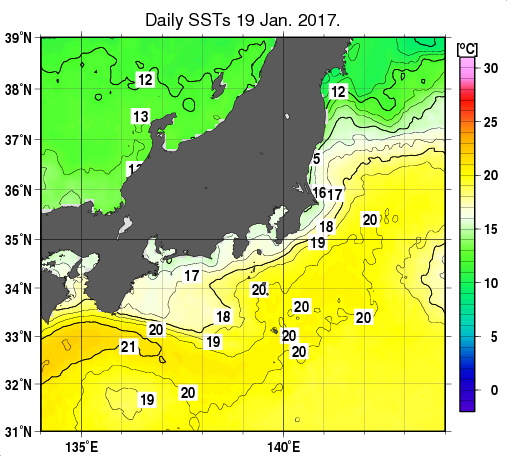 関東・東海・北陸周辺海域の海面水温分布図（1月19日）