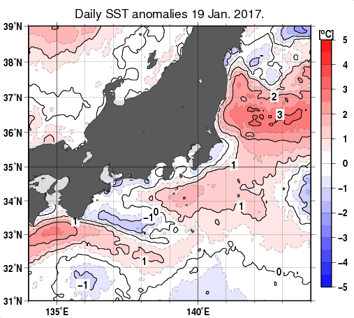 関東・東海・北陸周辺海域の海面水温平年差分布図（1月19日）