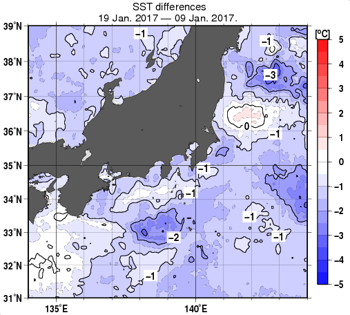 関東・東海・北陸周辺海域の10日間の海面水温変化量分布図（1月19日）