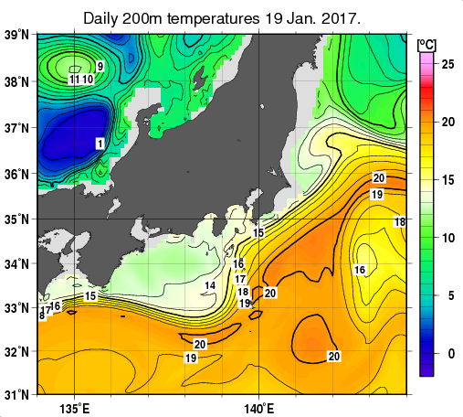 関東・東海・北陸周辺海域の深さ200mの水温分布図（1月19日）