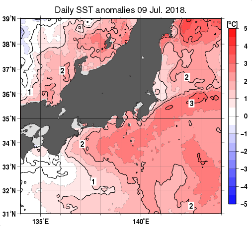 関東・東海・北陸周辺海域の海面水温平年差分布図（7月9日）